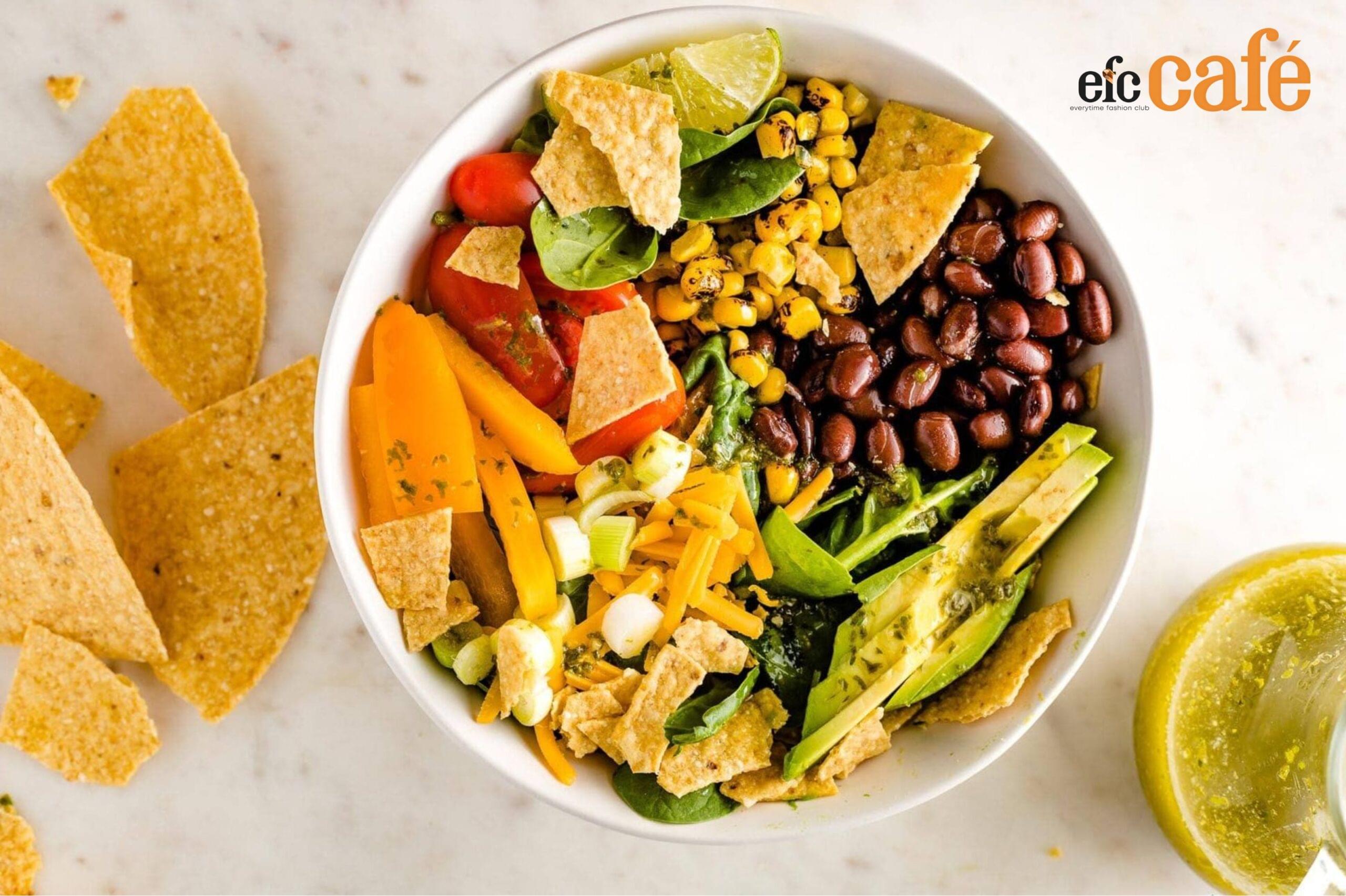 Vibrant healthy bowl with avocado, corn, beans, and tortilla chips from EFC Café — ideal for anyone looking for a healthy cafe near me.