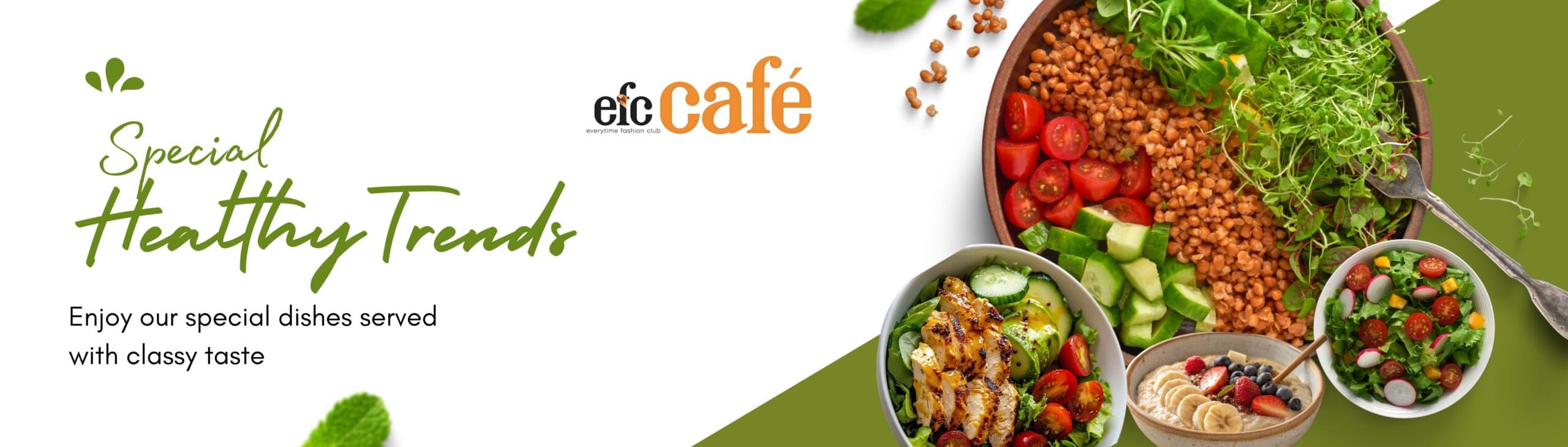 Fresh salad bowls with greens, grains, and veggies from EFC Café promoting healthy eating at a cafe near me that serves nutritious meals.